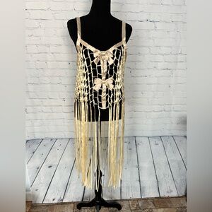 NWOT Urban Outfitters Ribbon Bow Fringe Top, Cream, netted ribbon, festival